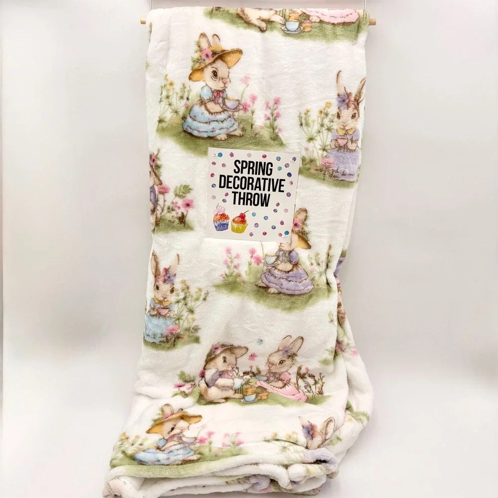 Adirondack Easter Spring‎ Throw Blanket White Bunnies Floral Garden  Tea party